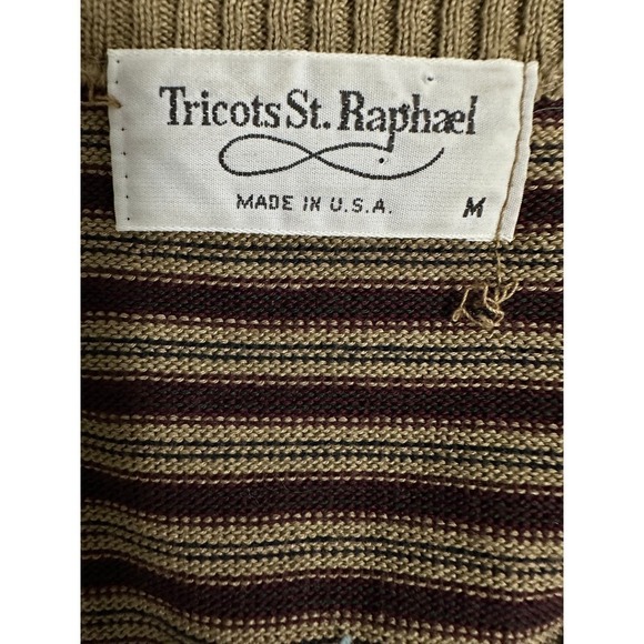 80s VTG Tricots St.Raphael Mens Sz M Cotton Vest Tan Maroon Green Stripe Diamond - Picture 3 of 5